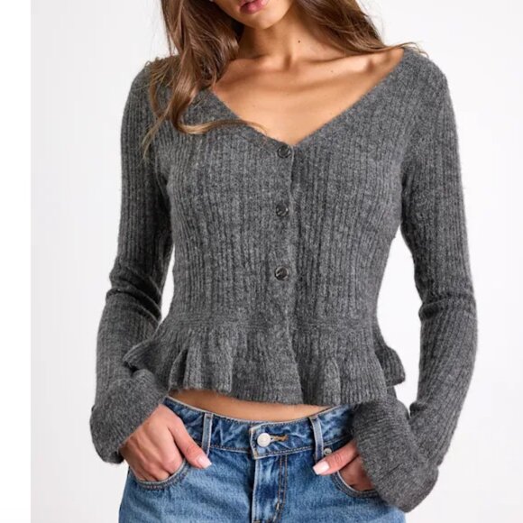 Midge Heather Charcoal Ribbed Knit Ruffled Cardigan Lulus SMALL - Picture 1 of 5